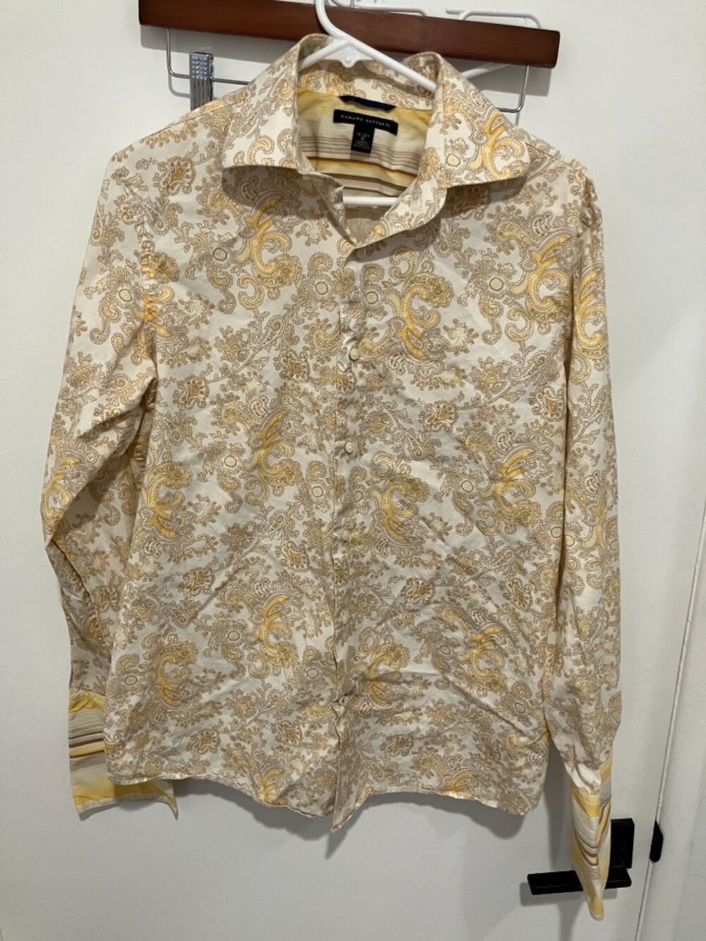 Banana Republic Mens Paisley Button Down Shirt Yellow White Long Sleeve Medium